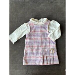 VTG Miniwear Baby Girl Plaid Jumper Dress Set 18M Pastel Purple Pink Pleated 90s